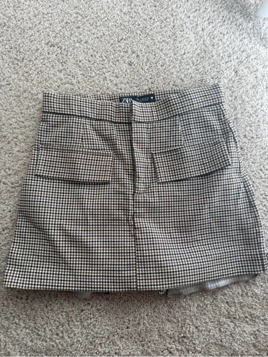 ZARA Brown Checkered Pocket Mini Skort - Picture 1 of 4